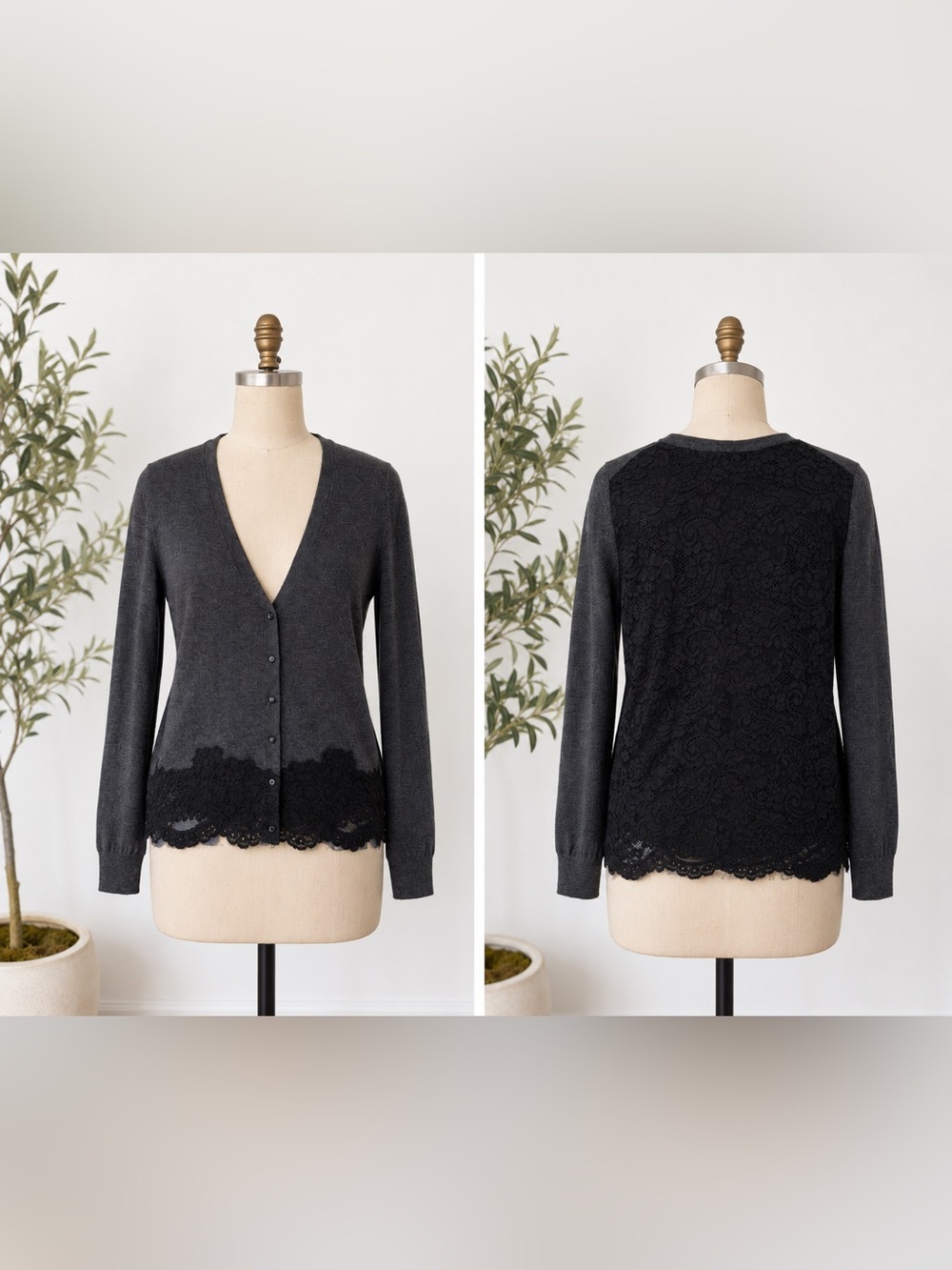 White House Black Market Gray Wool Blend Lace Back Cardigan Sweater Medium